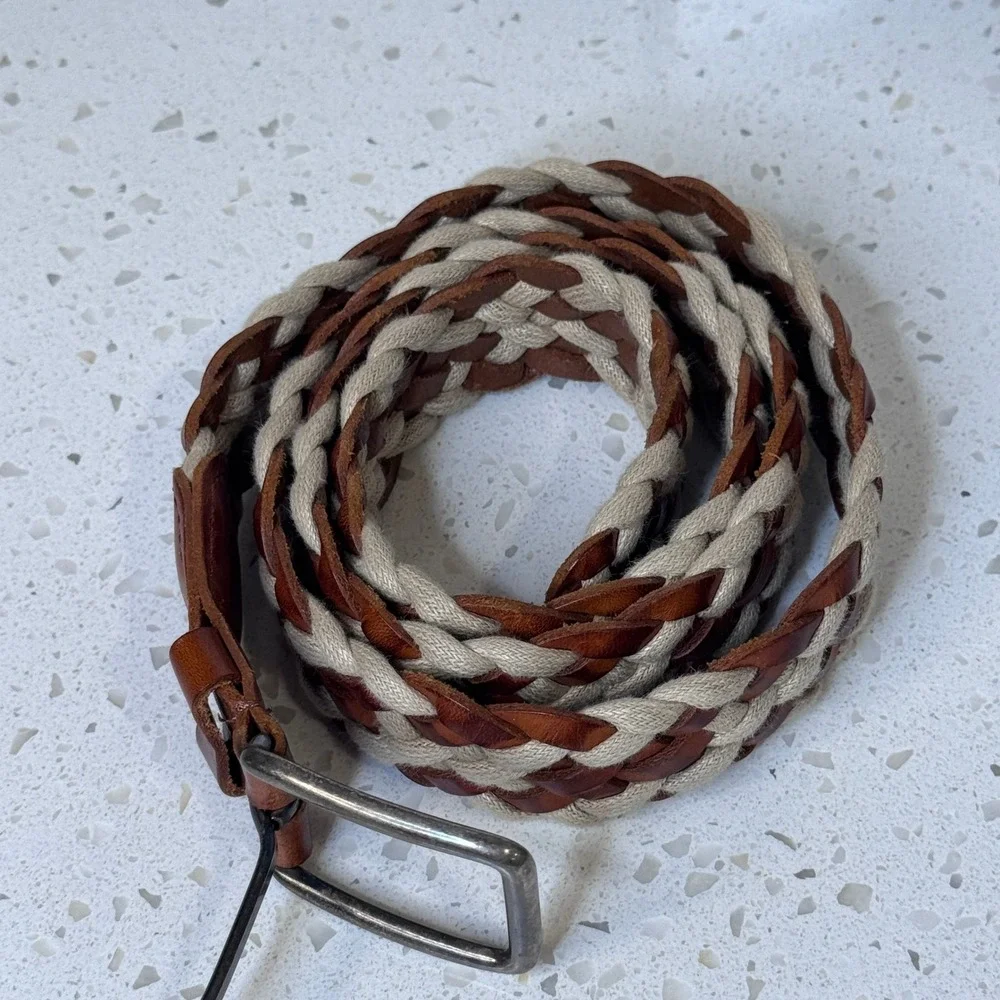 Pikolinos Brown Leather Beige Woven Braided Belt Size 95 Casual Boho Adjustable